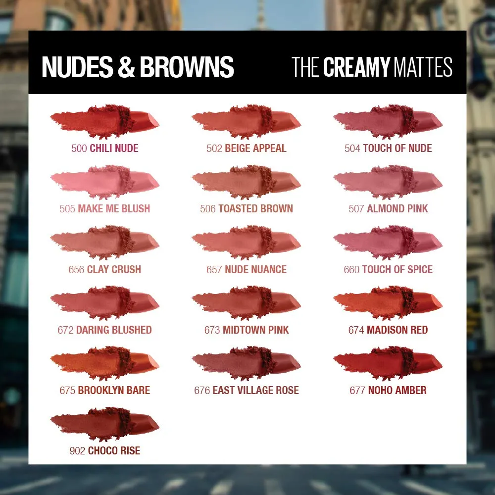Maybelline Color Sensational Lipstick, Lip Makeup, Matte Finish, Hydrating Lipstick, Nude, Pink, Red, Plum Lip Color, Clay Crush, 0.15 oz; (Packaging May Vary)