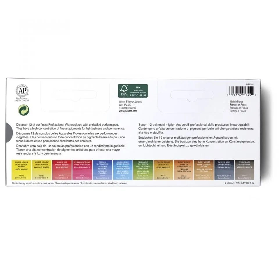 Winsor & Newton Professional Watercolour Tube Travel Tin, 12 Tubes